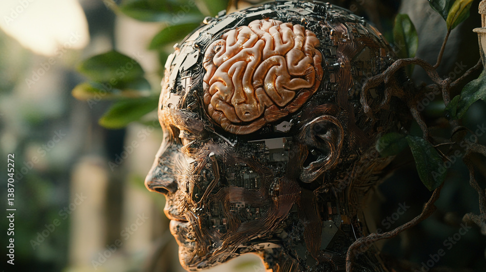Poster artificial intelligence head with exposed brain and nature background in a side profile view