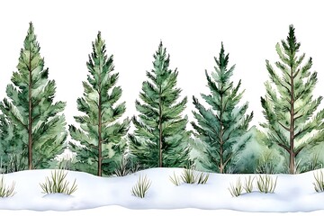 Obraz premium Watercolor Illustration of Evergreen Trees in Wintery Landscape
