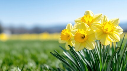 A cluster of bright yellow daffodils, their petals delicate and sunlit, dominates the foreground. The daffodils are sharply focused against a softly blurred background of a green field and a clear bl