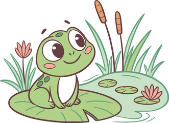 Fototapeta premium Cute Frog Sitting on Lily Pad in Pond - Vector Illustration