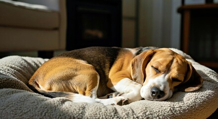 a Beagle in a relaxed sleeping posture, curled up comfortably on a soft blanket or dog bed