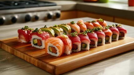 A platter of assorted sushi rolls on a wooden board in a modern kitchen. Featuring artistry and freshness