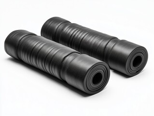Two black yoga mats with a black and white design. The mats are rolled up and placed on a white background