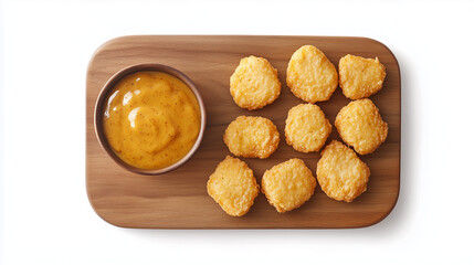 Chicken Nuggets with Dipping Sauce on Wooden Board. Golden crispy chicken nuggets served on a wooden tray with dipping sauce. Perfect for fast food or snack-themed content.
