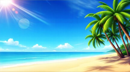 Fototapeta premium Tropical Beach Paradise With Palm Trees And Bright Sun Illustration