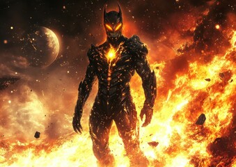 Fototapeta premium Extraterrestrial fire humanoid with burning eyes emerges from cosmic flames