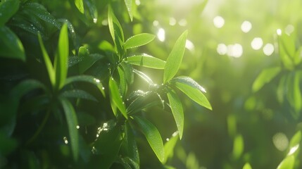 Obraz premium Fresh Green Leaves with Morning Dew and Soft Sunlight Glow