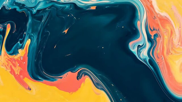 Abstract expressionism painting featuring deep teal, coral, and bright yellow color mixing and marbling in dynamic swirls