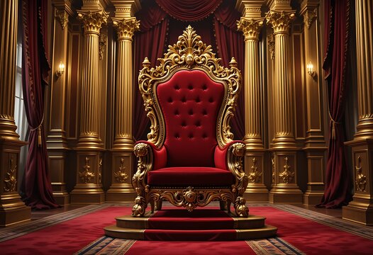 Majestic Red and Gold Royal Throne Chair in Palace Setting &ndash; Classic Baroque Luxury Seat