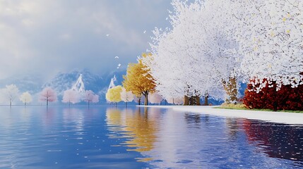 Serene Spring Lake with Colorful Blossoms