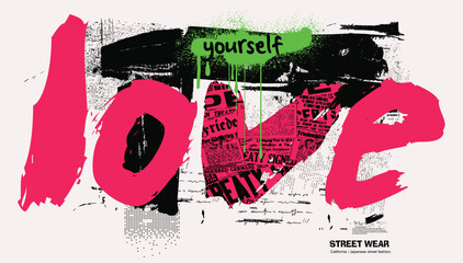 Slogan of love yourself, graffiti slogan print with neon spray, t shirt graphics print vector illustration design, Urban typography hipster street art for graphic t- shirt.eps