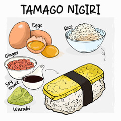 Tamago Nigiri Sushi Illustration Recipe with Ingredients