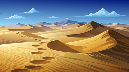 Footprints trailing across smooth sand dunes, disappearing into the vast arid horizon