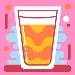 A refreshing summer beverage in a glass with wavy, vibrant orange and yellow design on a playful pink background with simple abstract shapes.