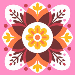 A vibrant autumnal floral mandala bursting with warm colors and joyful energy on a soft pink background.