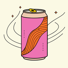 A vibrant pink soda can with swirling orange design, playfully spinning in a whimsical, retro-inspired illustration.