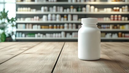 White plastic pill bottle on wooden table in pharmacy