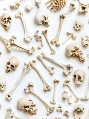 Scattered human bones on a white surface create an eerie skeletal arrangement