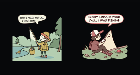 Cartoon Illustration of Fisherman Missing a Call While Fishing