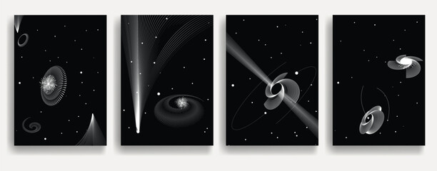 Black hole with disc of plasma eating dying star in space. Supermassive singularity in core off a galaxy, with lines . Event horizon .Spiral galaxies . Vector illustration
