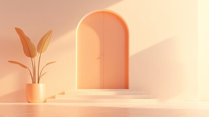 Minimalist home interior with arched doorway, staircase, and potted plant, warm tones