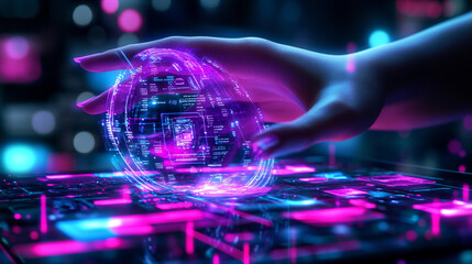Obraz premium A hand interacting with a glowing digital sphere on a futuristic surface with pink and blue lights