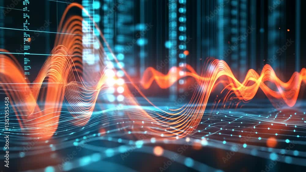 Poster abstract futuristic data visualization with flowing curves and digital network of connected dots, te