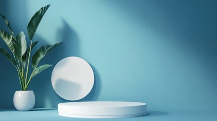 Minimalist display podium with plant, studio shot