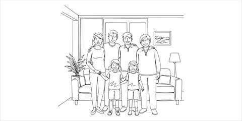 A joyful, smiling family gathers in the living room, with young parents, senior grandparents, and children standing together. Their warmth and happiness fill the space, reflecting their strong