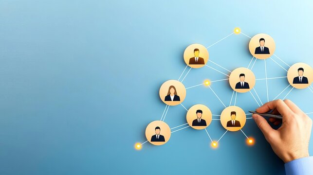 Business networking group company people office background Hand connecting social network user icons.