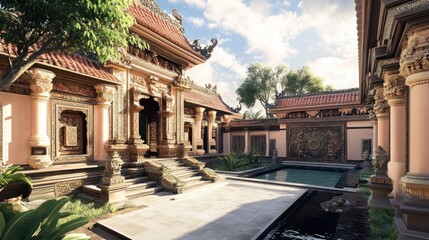 Fototapeta premium Asian temple courtyard serene pool sunny day travel