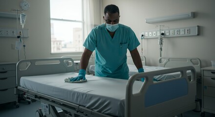 Healthcare Worker Cleaning Hospital Bed Sanitizing Patient Room for Hygiene and Safety