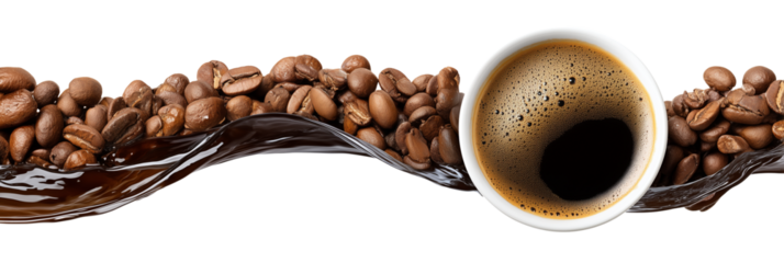 Coffee beans, cup of black coffee