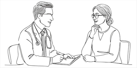 Conversation with doctor continuous single line art drawing sketch on white background