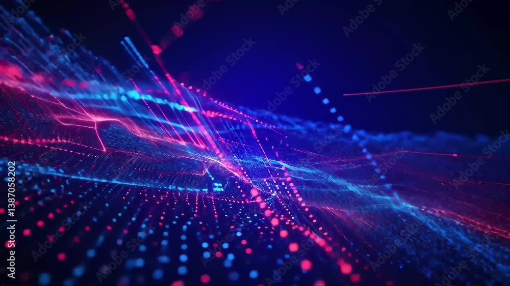 Poster vibrant abstract digital background featuring glowing binary code in shades of blue and red, abstrac