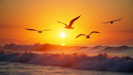 Obraz premium Seagulls Flying Over Ocean at Sunset