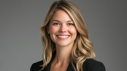 Naklejka premium Professional woman smiling against a neutral background, exuding confidence and positivity.