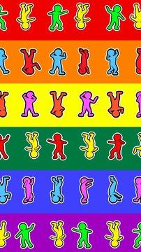 Seamless funny vertical video of minimal sketch character dancing over a rainbow flag. Stop motion zine culture video loop. Gay pride and diversity concept.