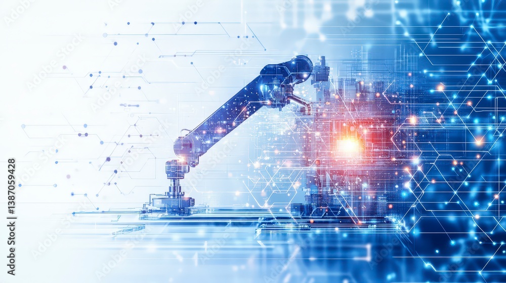Poster abstract representation of a robotic arm amidst digital circuitry and technology elements.