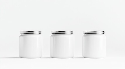 Three blank white jars in a row