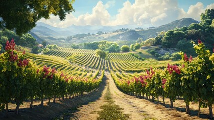 Obraz premium Vineyard rows sunlit valley scenic landscape travel tourism