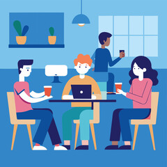 Cafeteria with students chatting and using devices
