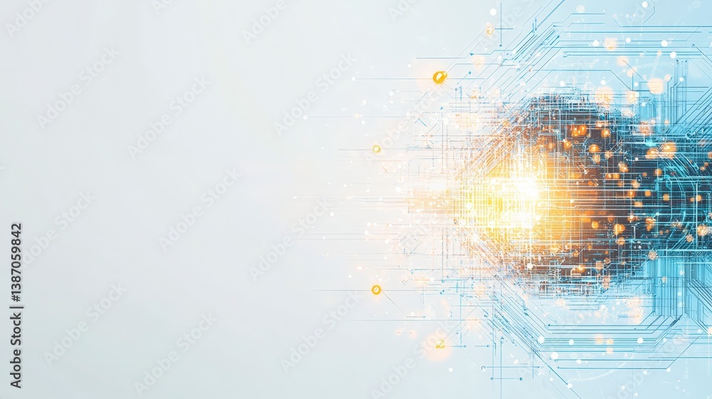 Poster abstract digital circuit design with glowing elements and a light gradient background.