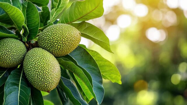 Closeup of ripe breadfruits hanging on lush green tree leaves under bright sunlight, Closeup of bread fruits on tree with lush green leaves in sunlight