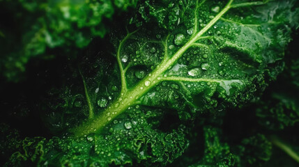 Fresh organic kale leaves glistening with water droplets, showcasing vibrant green color and intricate textures. This captures essence of healthy eating and nature beauty