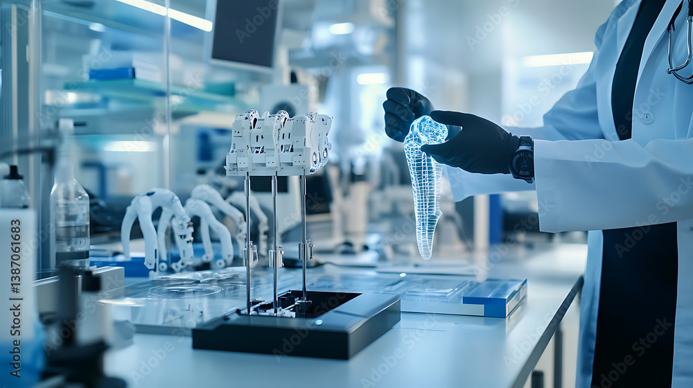 Wall mural a bioengineer using ai to create custom prosthetics for patients, high-tech medical lab with prosthe