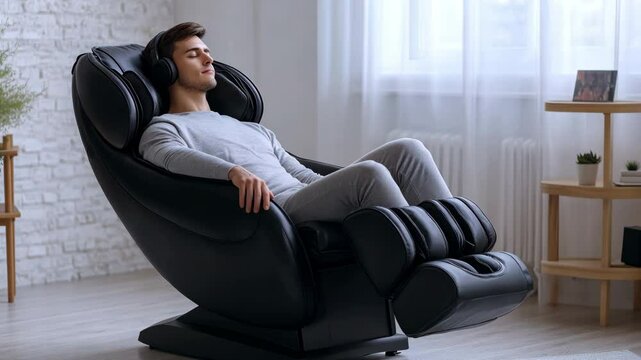 Men at home sleeping off in a massage chair, contemporary electric massager.