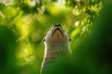 Obraz premium A curious otter gazes upwards towards the bright green foliage