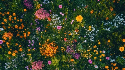 Aerial view of vibrant wildflowers blooming in a meadow, summer