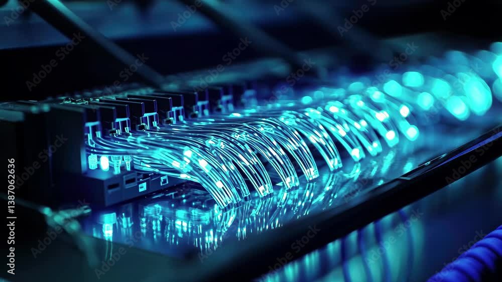 Aufkleber closeup view of a fiber optic cable connector transmitting light and data signals in a modern networ